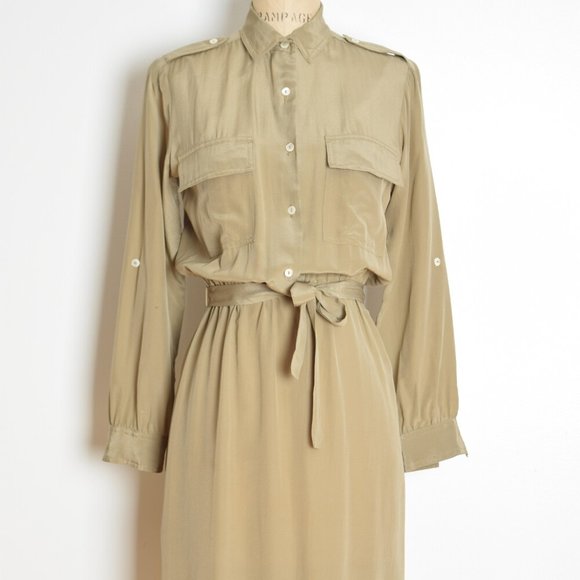 vintage 80s dress beige silk neutral secretary safari midi belted military M - Picture 2 of 7